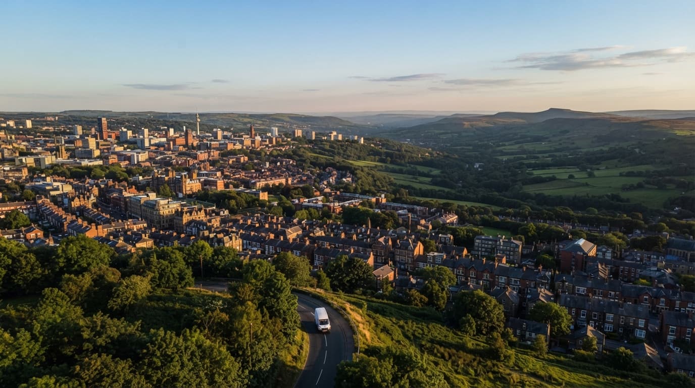 Man and van in Sheffield, a removals van on the road with city rooftops and the Peak District beyond